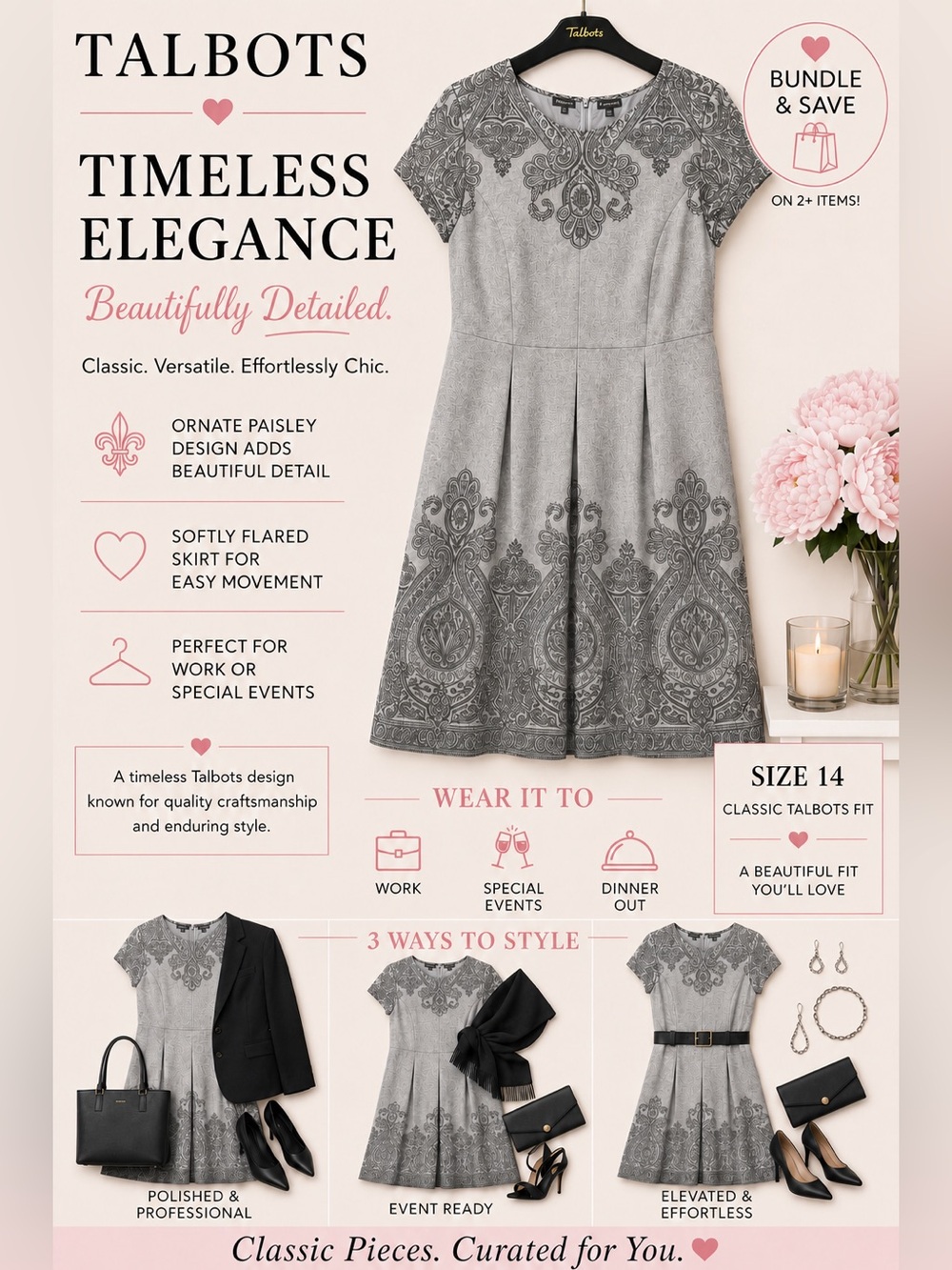 Talbots Gray Wool Blend Dress With Ornate Paisley Design | Size 14